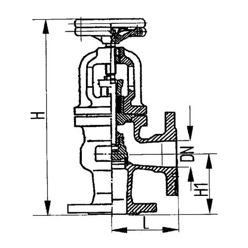 Фланцевый угловой сальниковый судовой запорный клапан с ручным управлением 521-35.337 